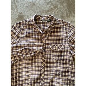 Eddie Bauer Shirt Women XL Purple White Plaid Button Up Long Sleeve Soft Country